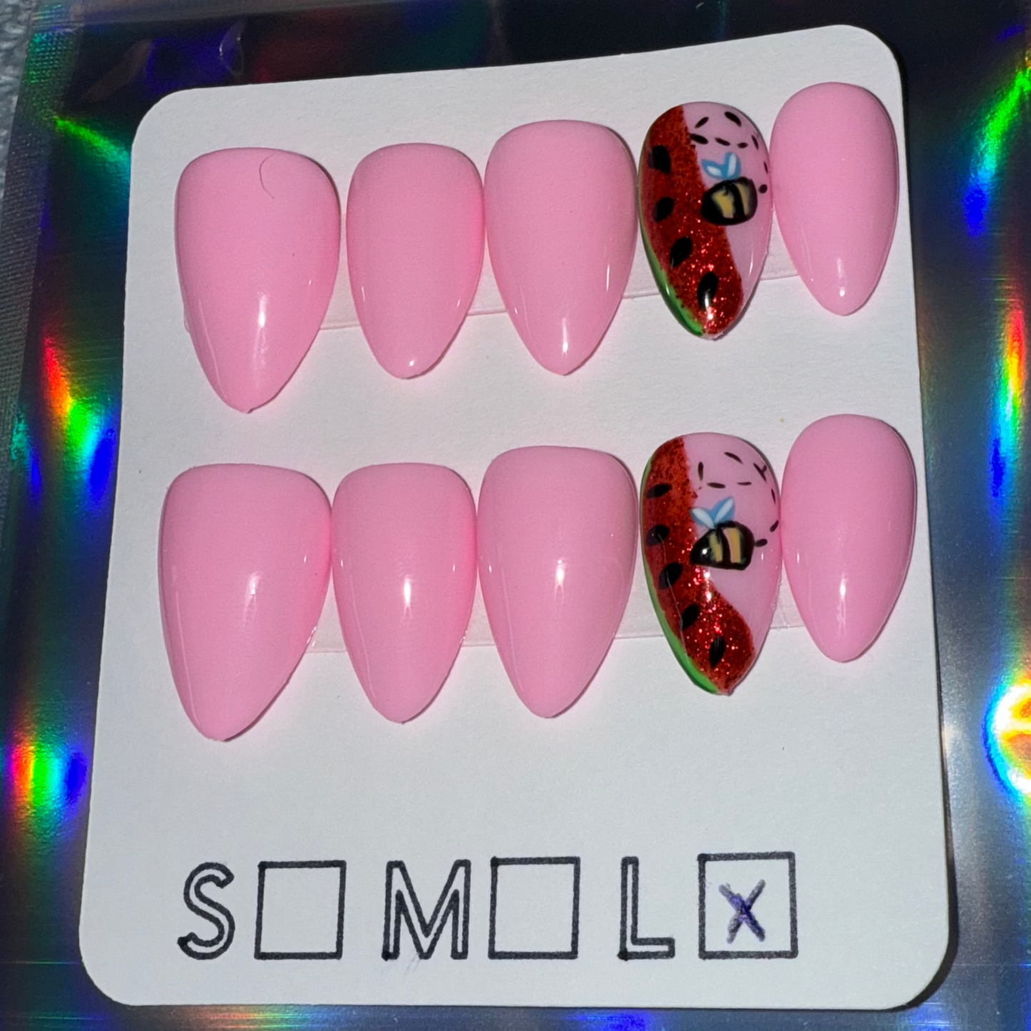 Watermelon Bee Light Pink Short Almond Press-On Nails – Reusable Gel X Set
