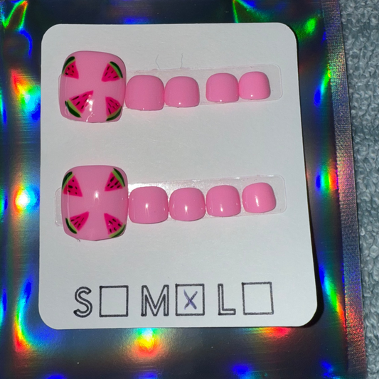 Bright Pink Watermelon Slice Matching Press-On Toenails