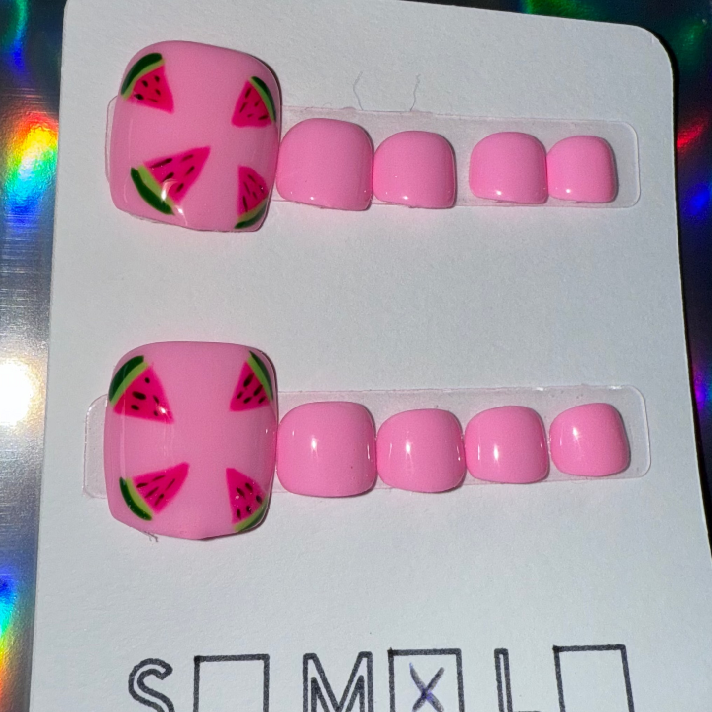Bright Pink Watermelon Slice Matching Press-On Toenails