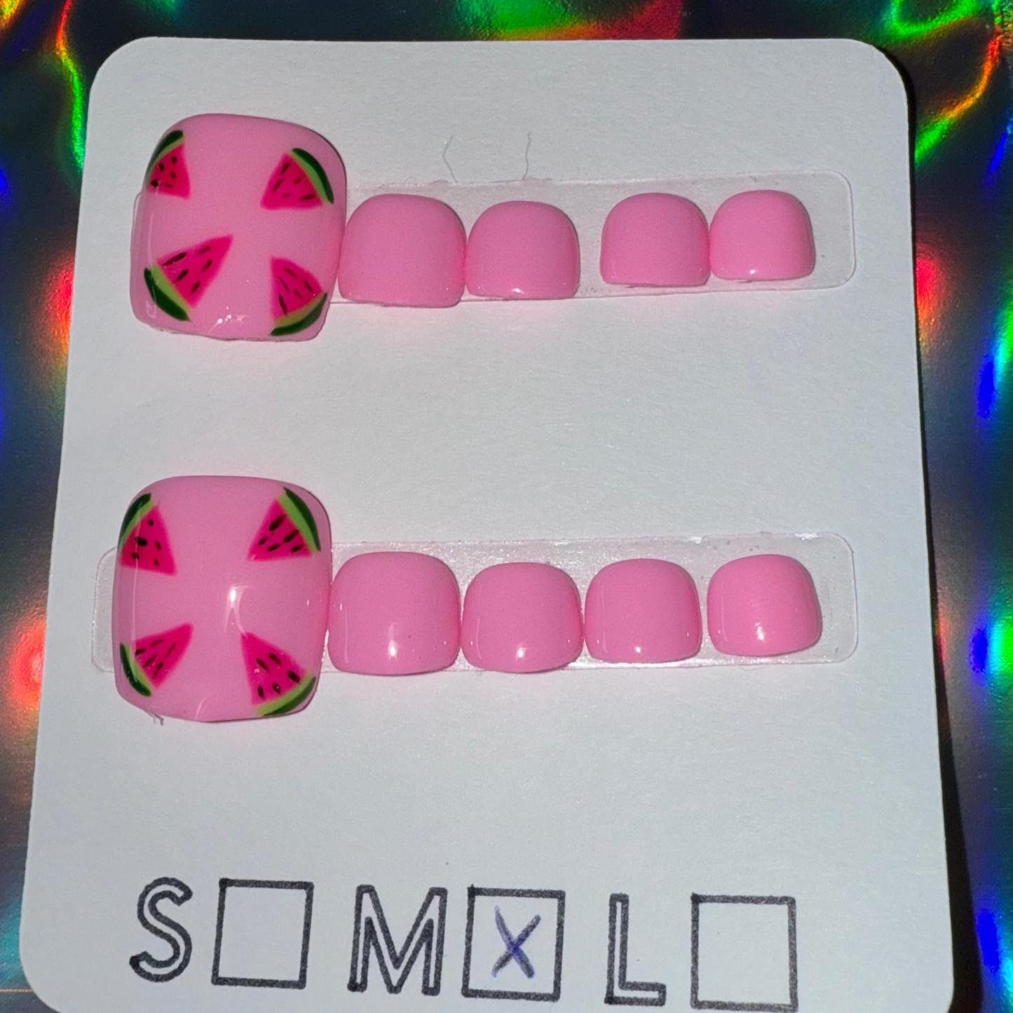 Bright Pink Watermelon Slice Matching Press-On Toenails