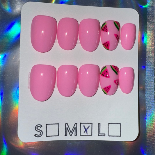Bright Pink Watermelon Slice Short Round/Oval Press-On Nails – Reusable Gel X Set