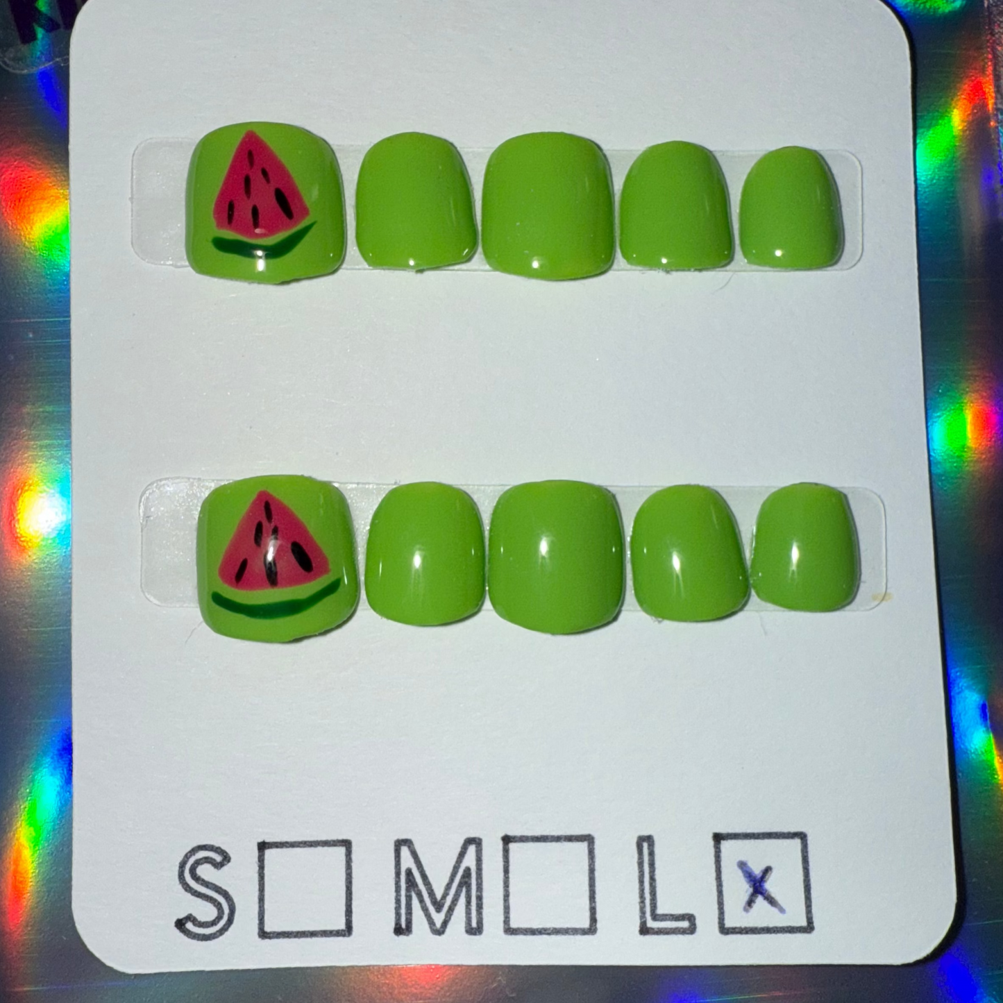 Children’s Soft Gel Press-On Nails – Green with Watermelon Slice Accent