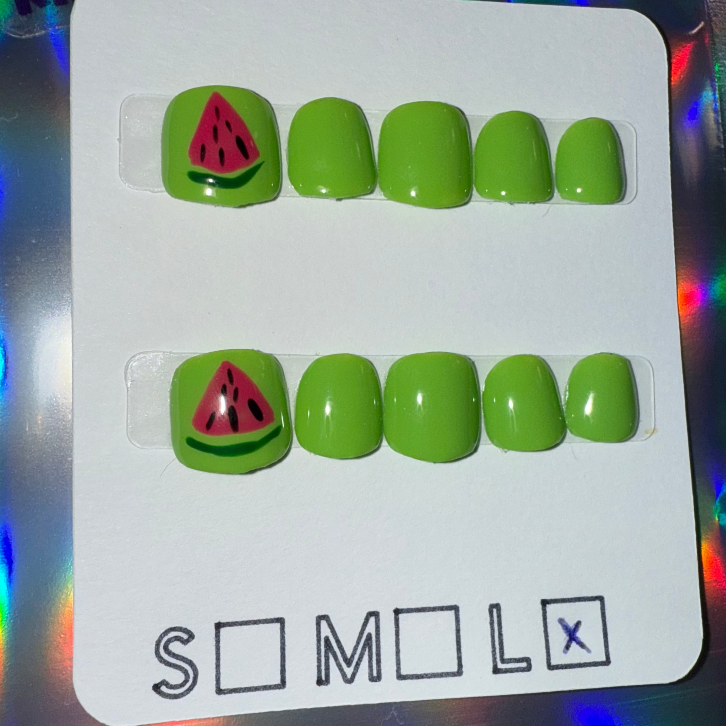 Children’s Soft Gel Press-On Nails – Green with Watermelon Slice Accent