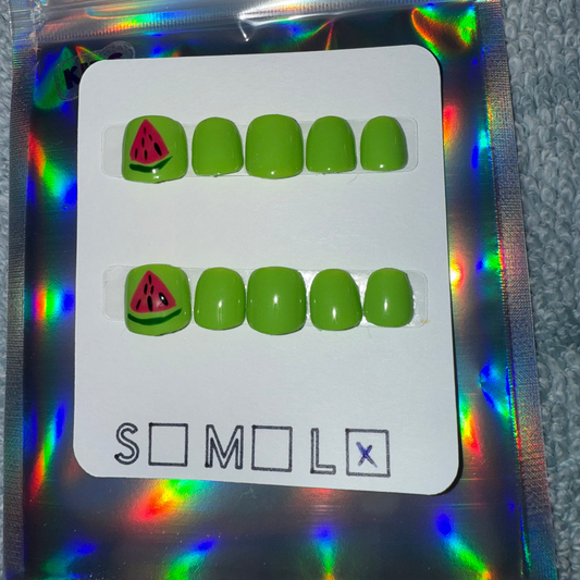 Children’s Soft Gel Press-On Nails – Green with Watermelon Slice Accent