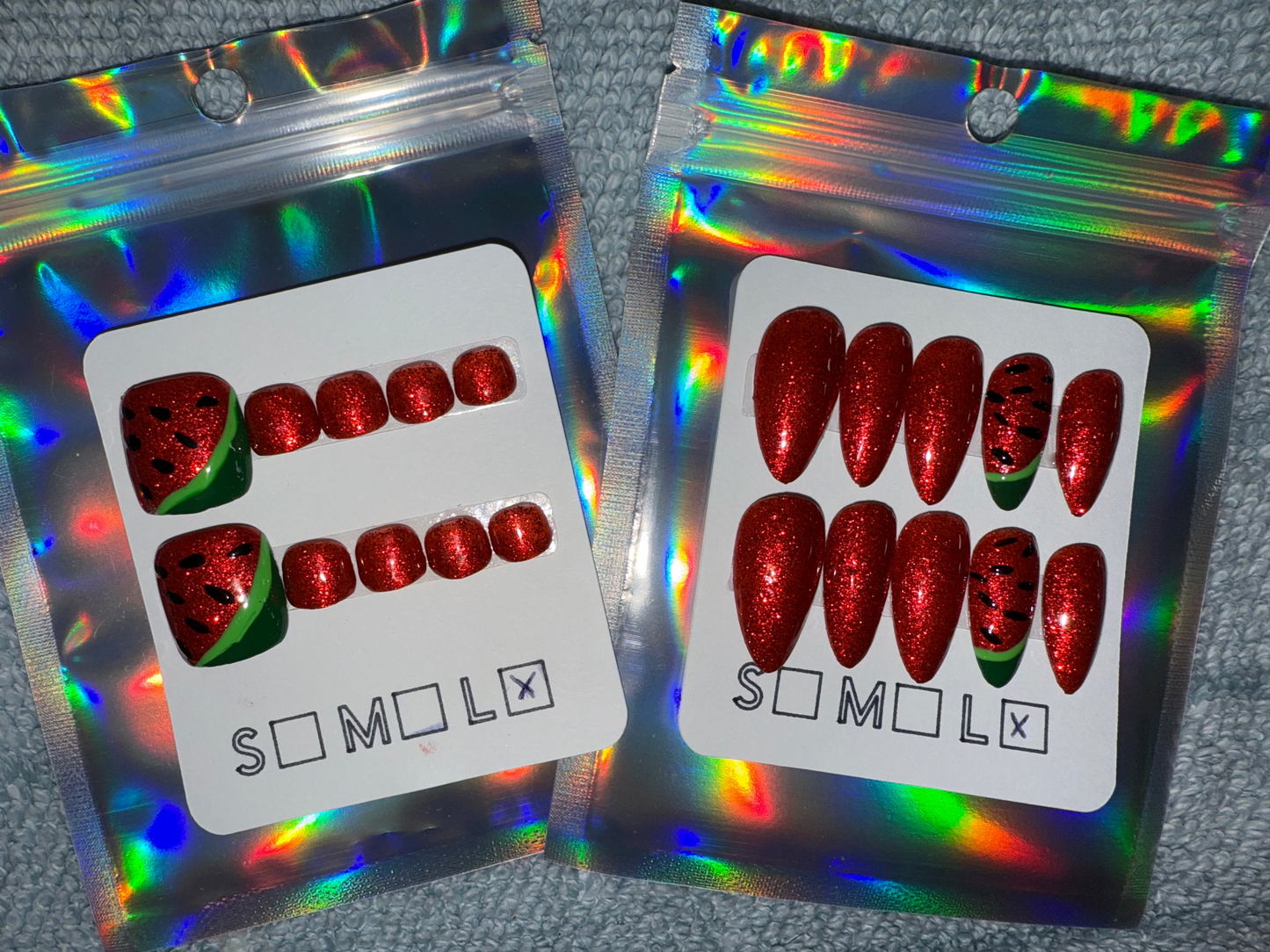 Red Glitter Press-On Nails – Medium Almond Shape with Watermelon Accent