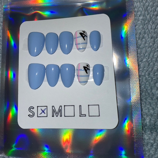Light Blue Press-On Nails with Notebook Paper & A+ Accent – Extra Short Almond Shape
