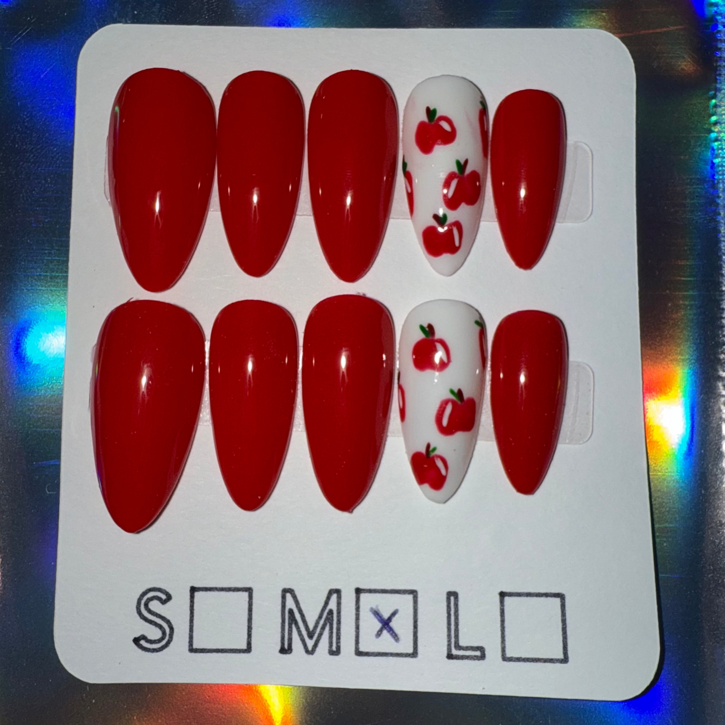Bright Red Press-On Nails with Apple Accent – Medium Almond Shape