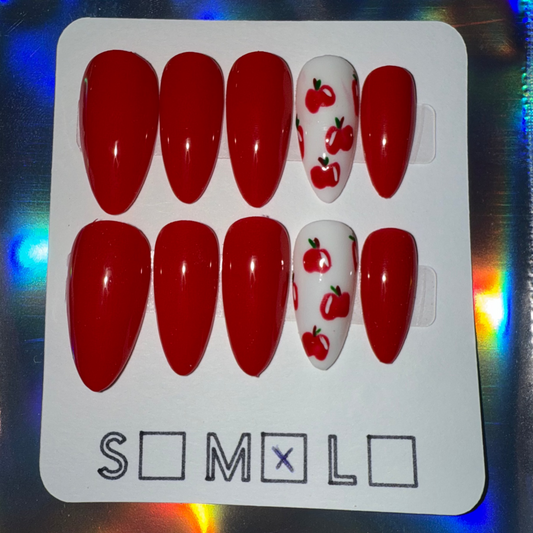 Bright Red Press-On Nails with Apple Accent – Medium Almond Shape