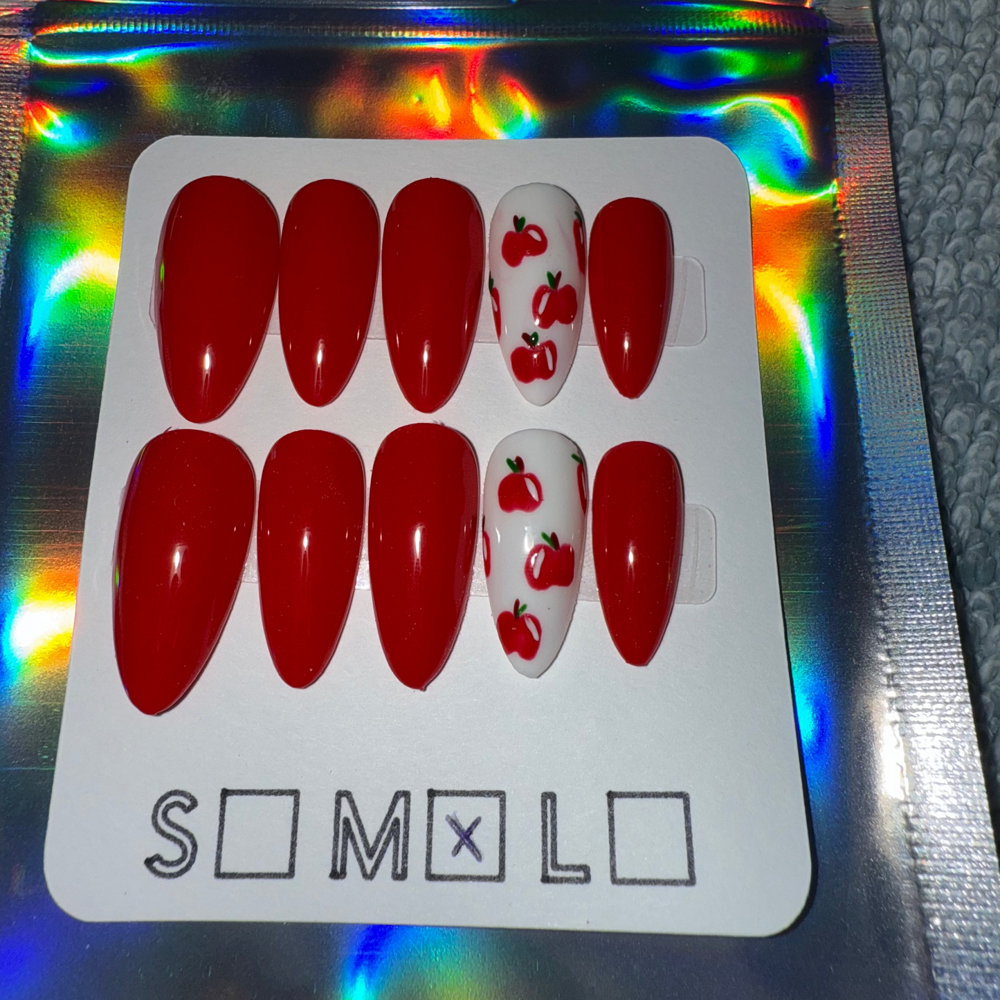 Bright Red Press-On Nails with Apple Accent – Medium Almond Shape