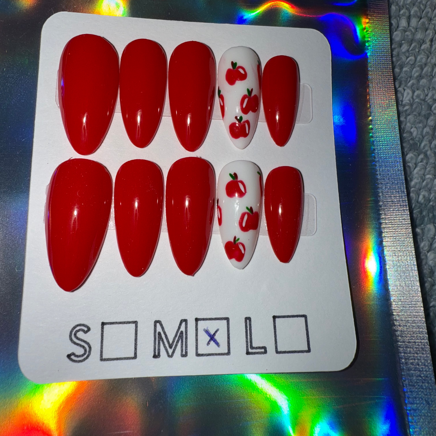 Bright Red Press-On Nails with Apple Accent – Medium Almond Shape