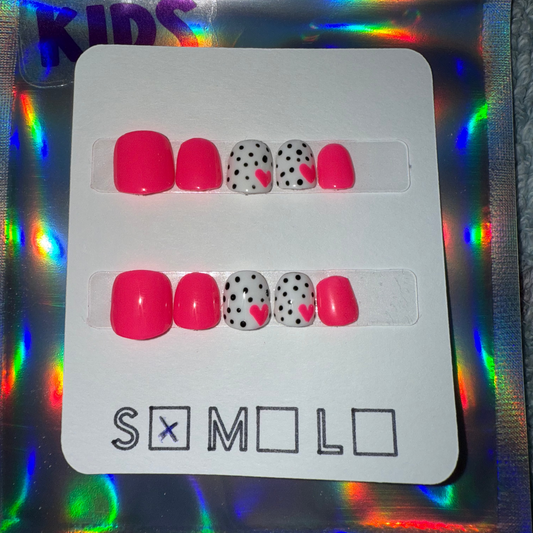Children’s Bright Pink Press-On Nails with Heart & Polka Dot Accents – Size Small