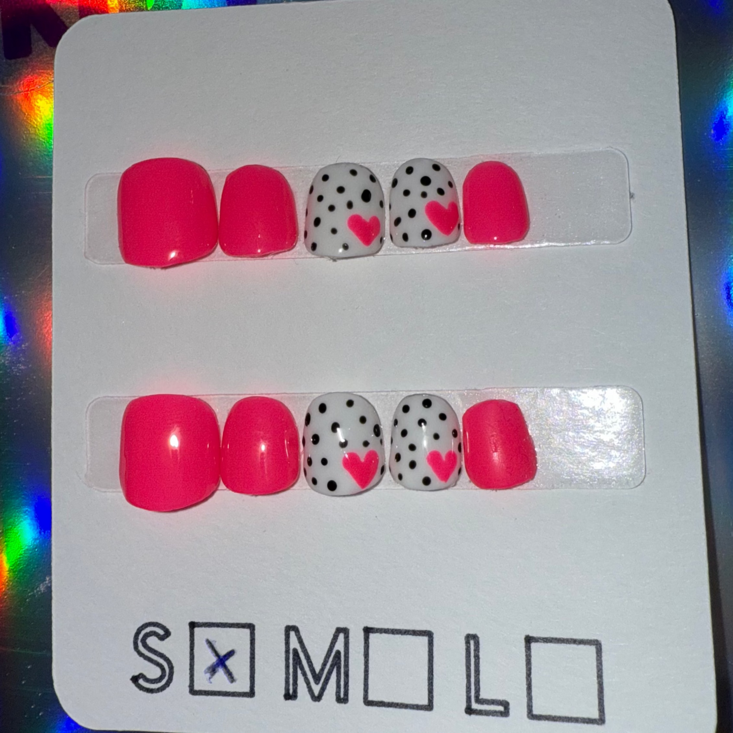 Children’s Bright Pink Press-On Nails with Heart & Polka Dot Accents – Size Small