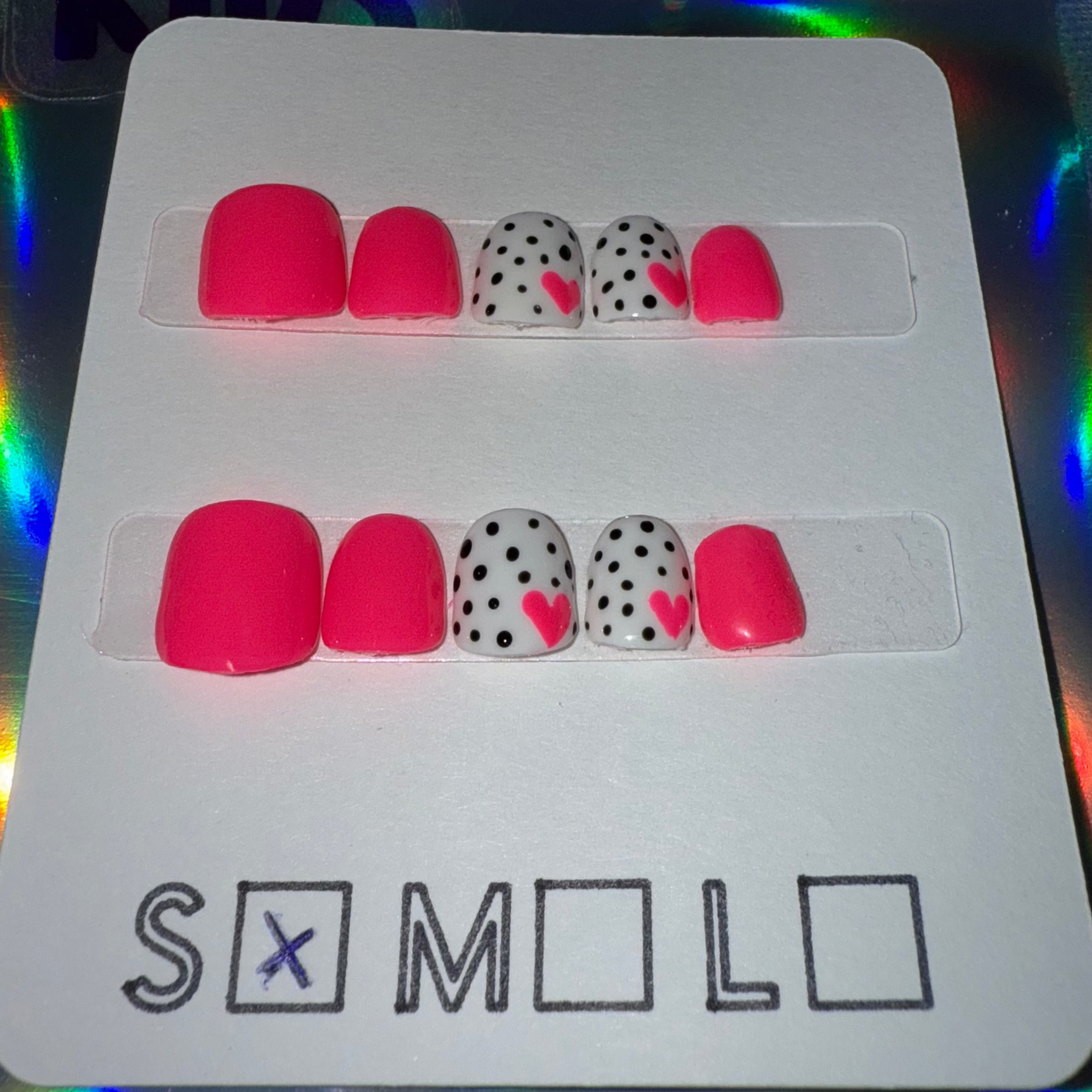 Children’s Bright Pink Press-On Nails with Heart & Polka Dot Accents – Size Small