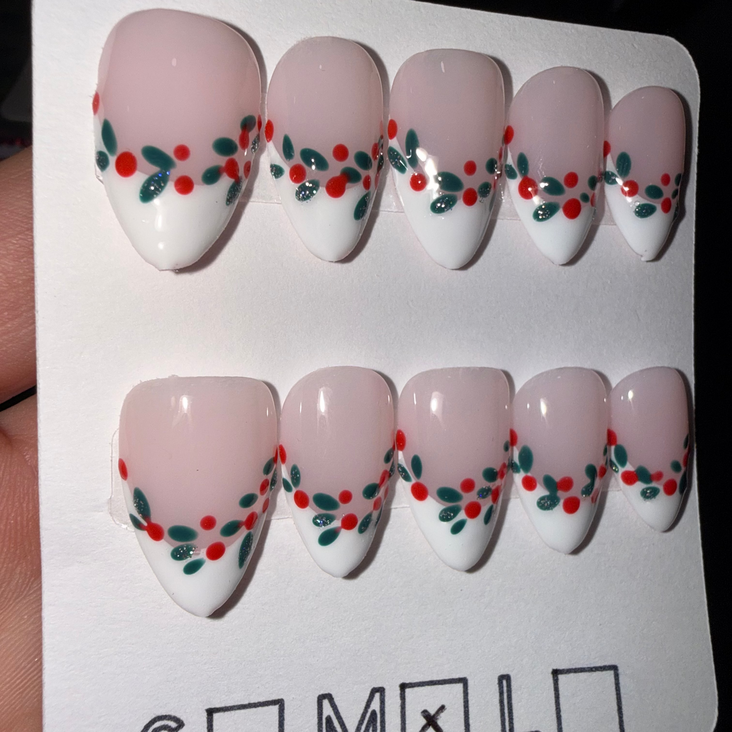 Holly Berry French Tip Press-On Nails – Short Almond