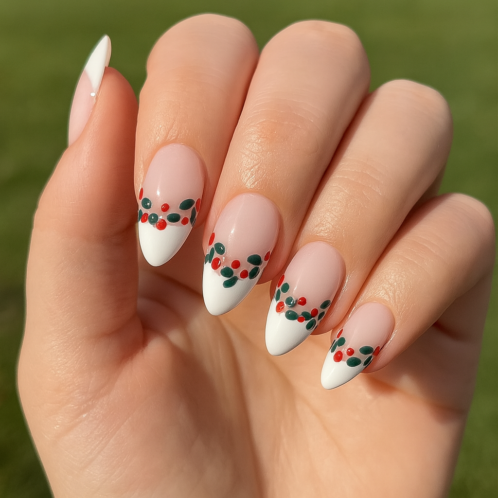 Holly Berry French Tip Press-On Nails – Short Almond