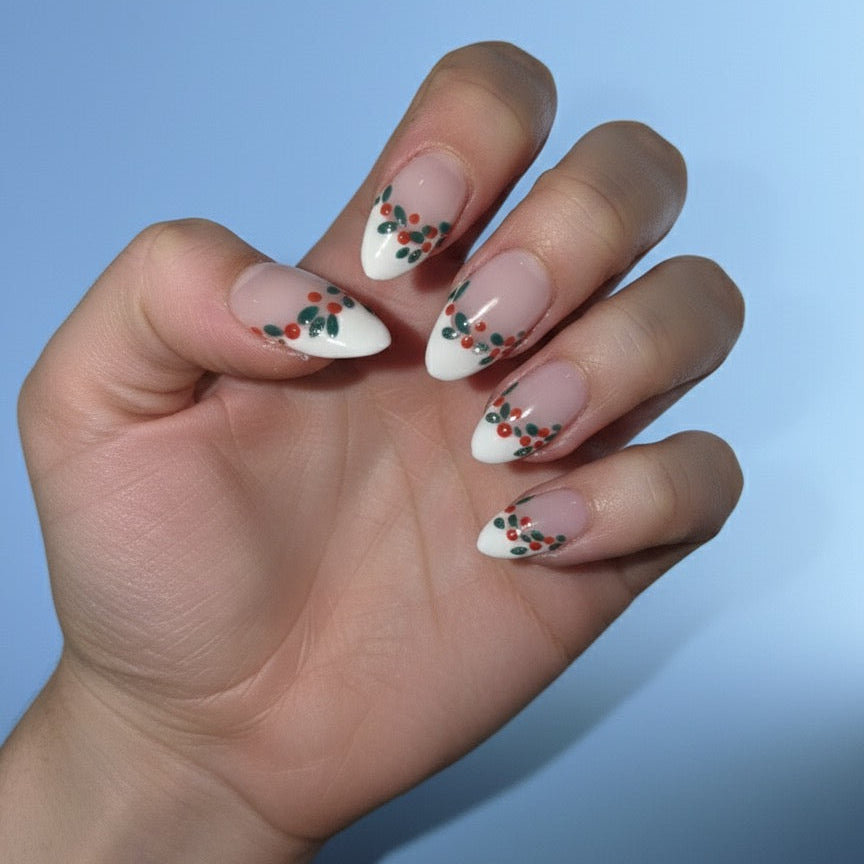 Holly Berry French Tip Press-On Nails – Short Almond