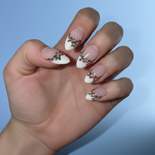 Holly Berry French Tip Press-On Nails – Short Almond