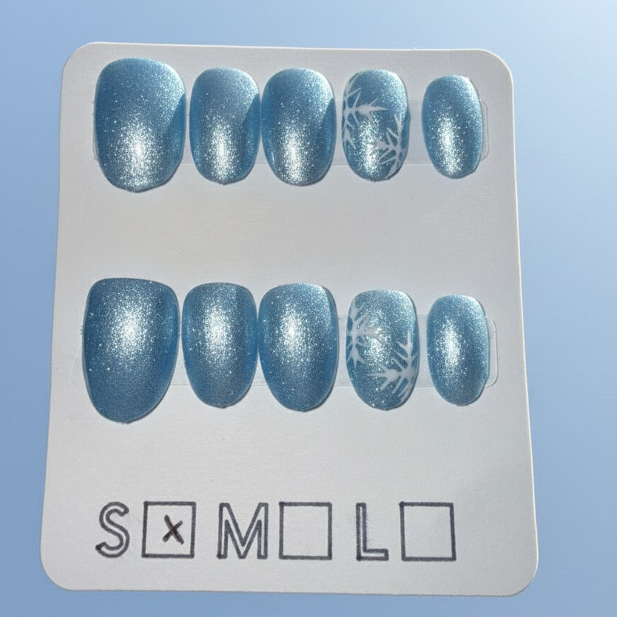 Icy Blue Glitter & Snowflake Press-On Nails – Short Round