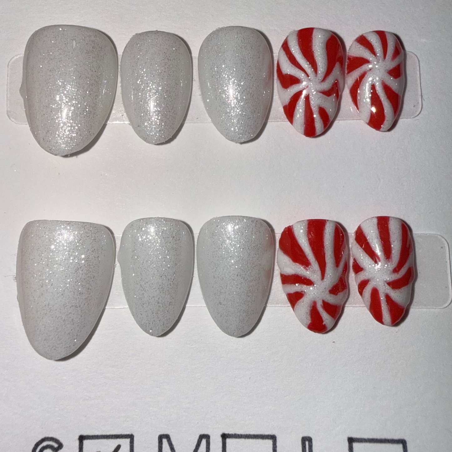 Hand-Painted Peppermint Swirl & White Glitter Press-On Nails – Extra Short Almond