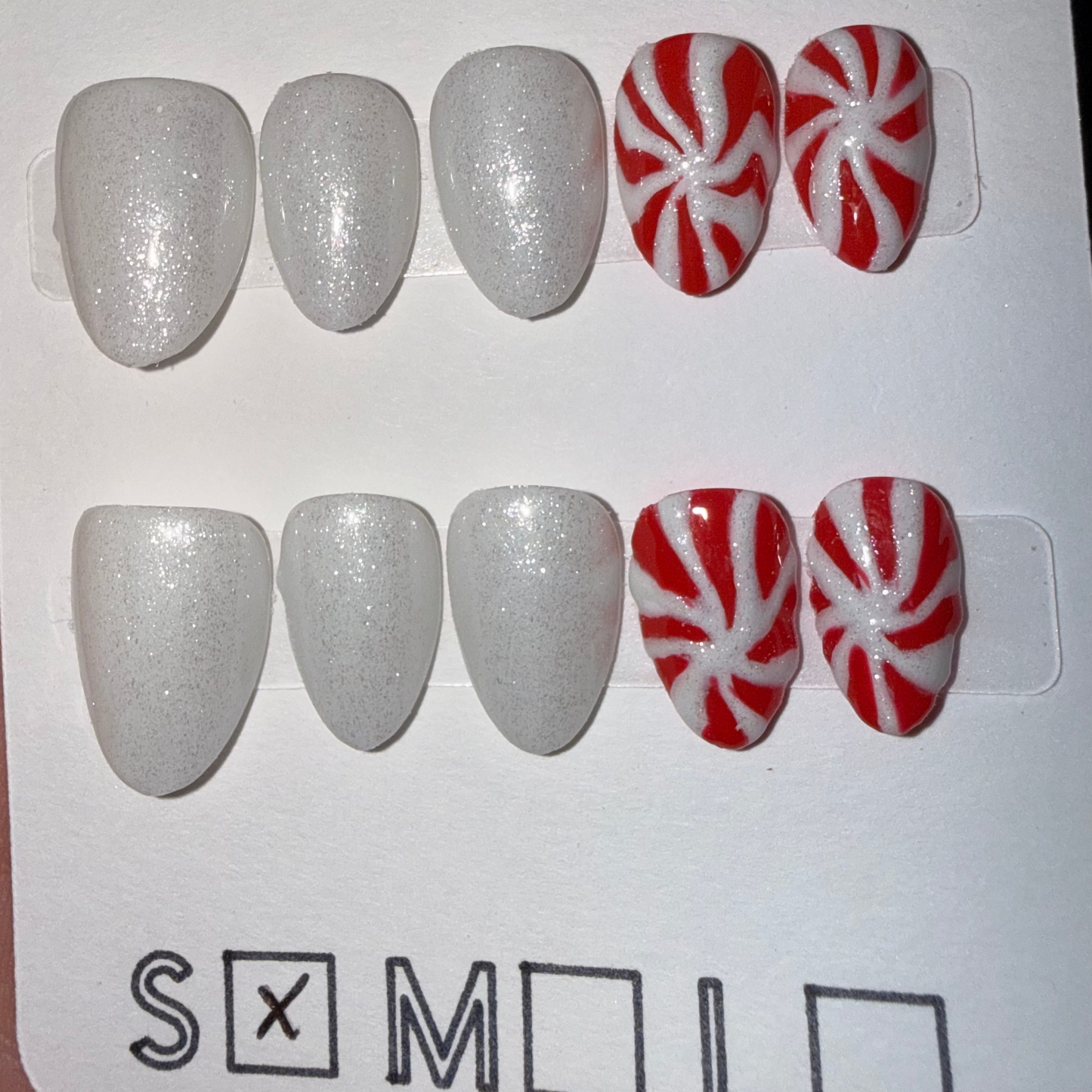 Hand-Painted Peppermint Swirl & White Glitter Press-On Nails – Extra Short Almond