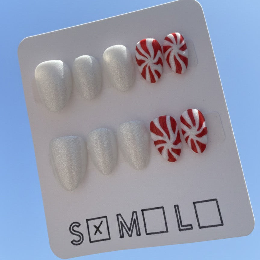 Hand-Painted Peppermint Swirl & White Glitter Press-On Nails – Extra Short Almond