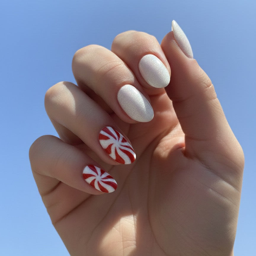 Hand-Painted Peppermint Swirl & White Glitter Press-On Nails – Extra Short Almond