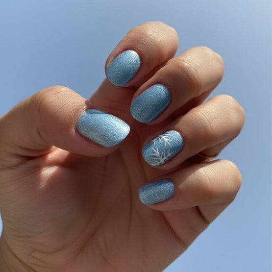 Icy Blue Glitter & Snowflake Press-On Nails – Short Round
