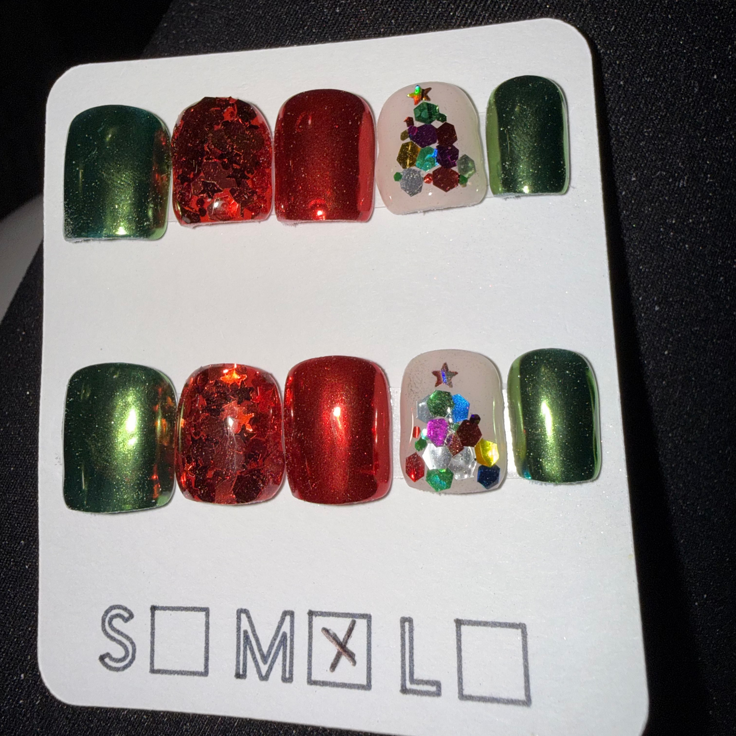 Holiday Chrome & Encapsulated Glitter Tree Press-On Nails – Extra Short Square