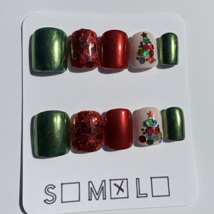 Holiday Chrome & Encapsulated Glitter Tree Press-On Nails – Extra Short Square