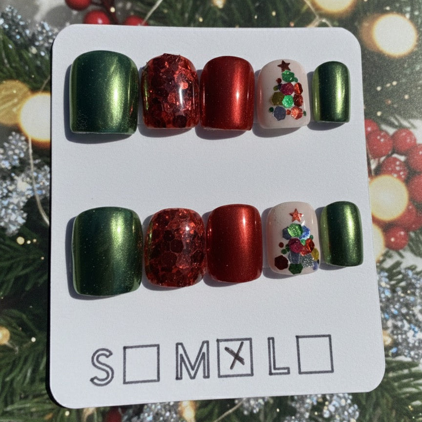 Holiday Chrome & Encapsulated Glitter Tree Press-On Nails – Extra Short Square