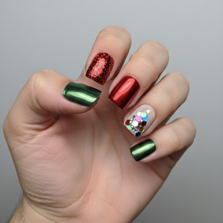 Holiday Chrome & Encapsulated Glitter Tree Press-On Nails – Extra Short Square