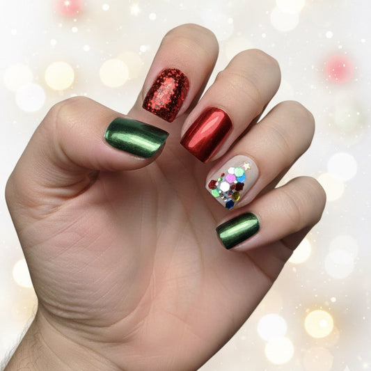 Holiday Chrome & Encapsulated Glitter Tree Press-On Nails – Extra Short Square