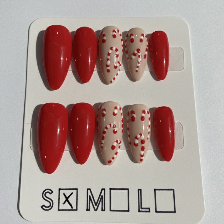 Festive Red & Nude Candy Cane Press-On Nails – Medium Almond