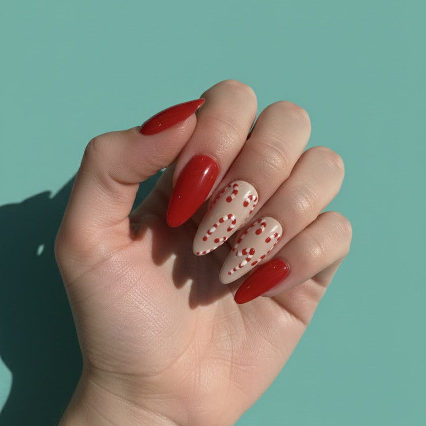 Festive Red & Nude Candy Cane Press-On Nails – Medium Almond