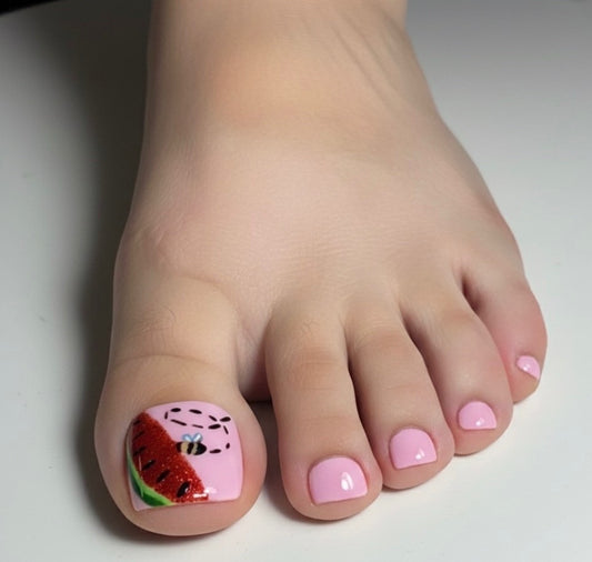 Watermelon Bee Light Pink Matching Press-On Toenails
