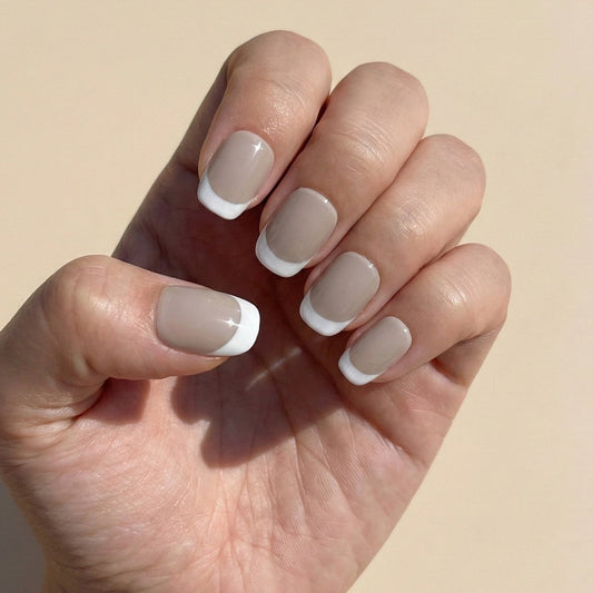 Classic Taupe & White French Tip Press-On Nails – Short Round