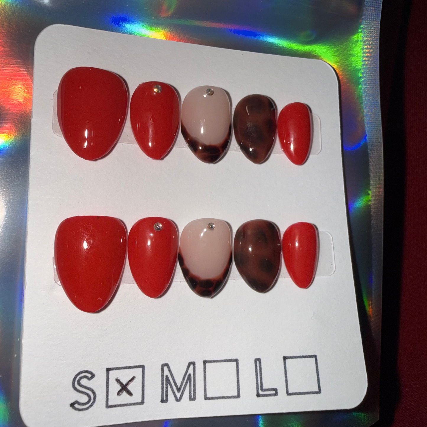 Tortoise Shell & Deep Red Glam Press-On Nails – Extra Short Almond