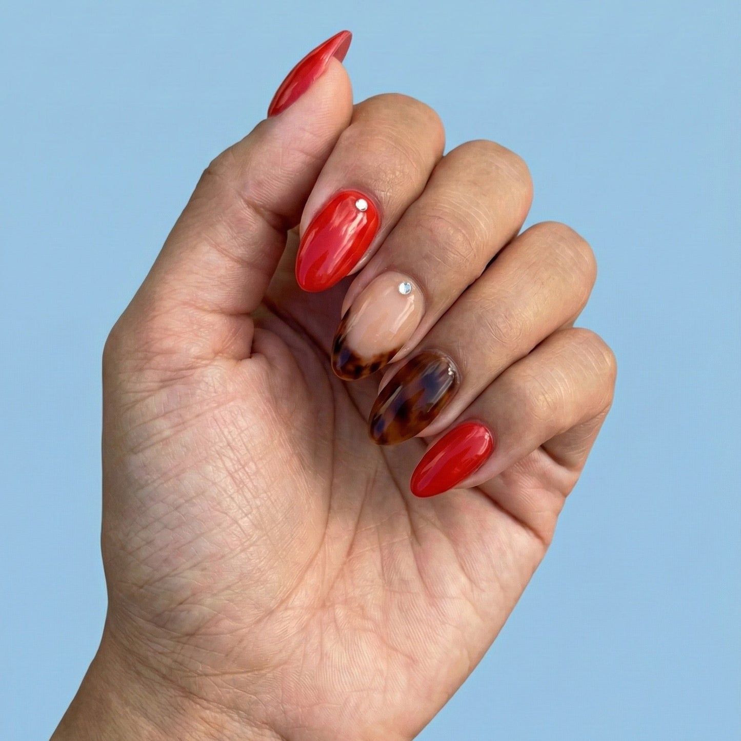 Tortoise Shell & Deep Red Glam Press-On Nails – Extra Short Almond