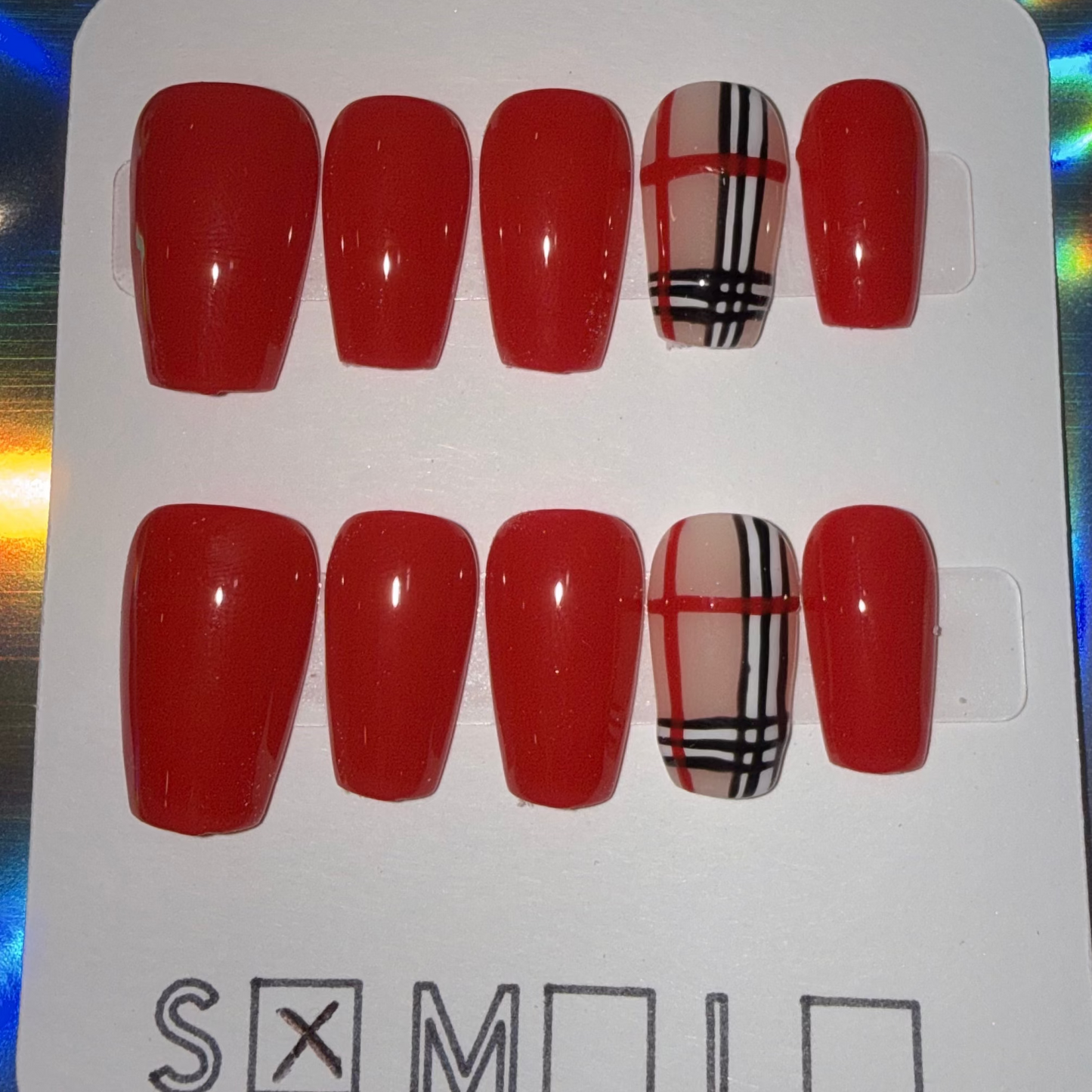 Classic Red & Plaid Press-On Nails – Short Coffin