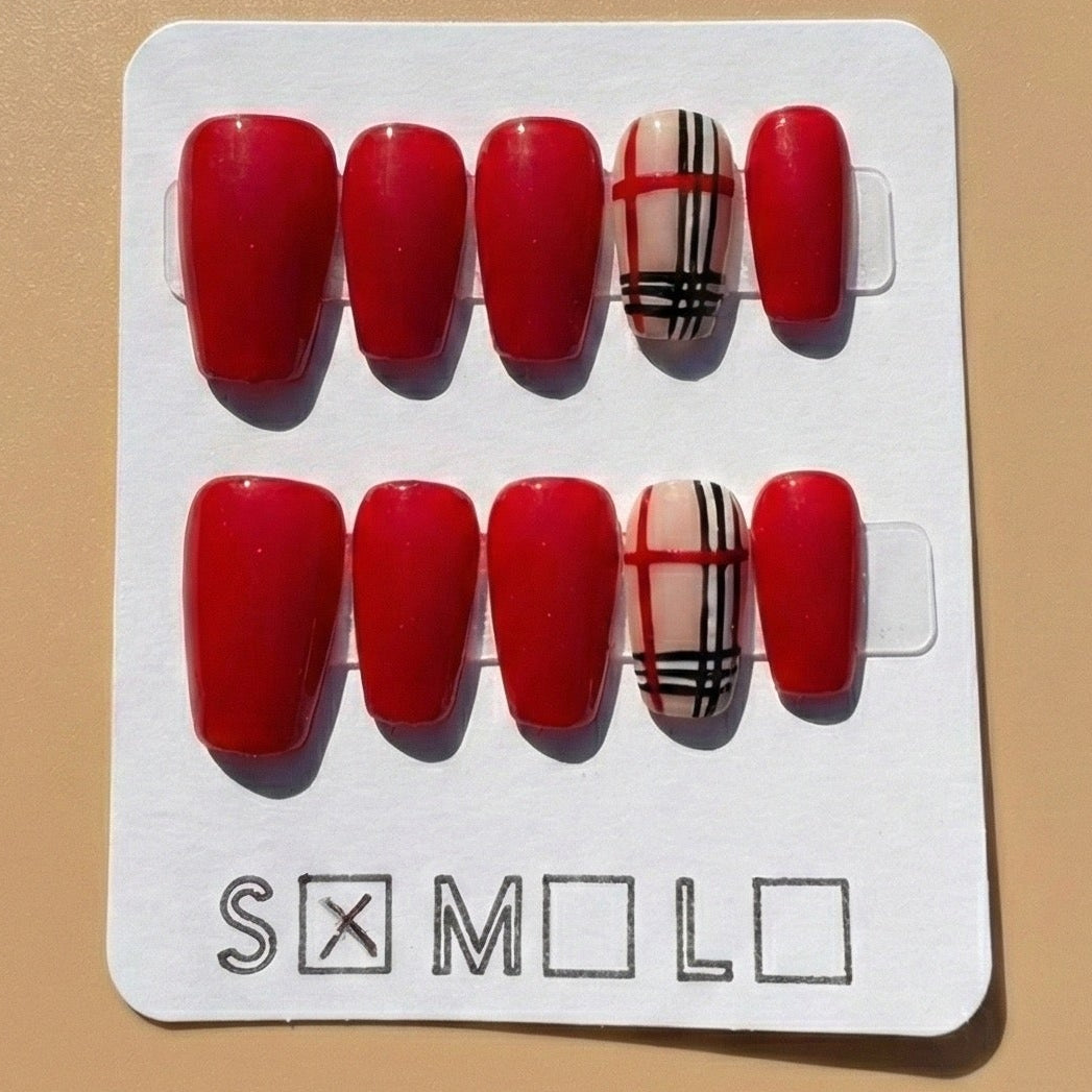 Classic Red & Plaid Press-On Nails – Short Coffin