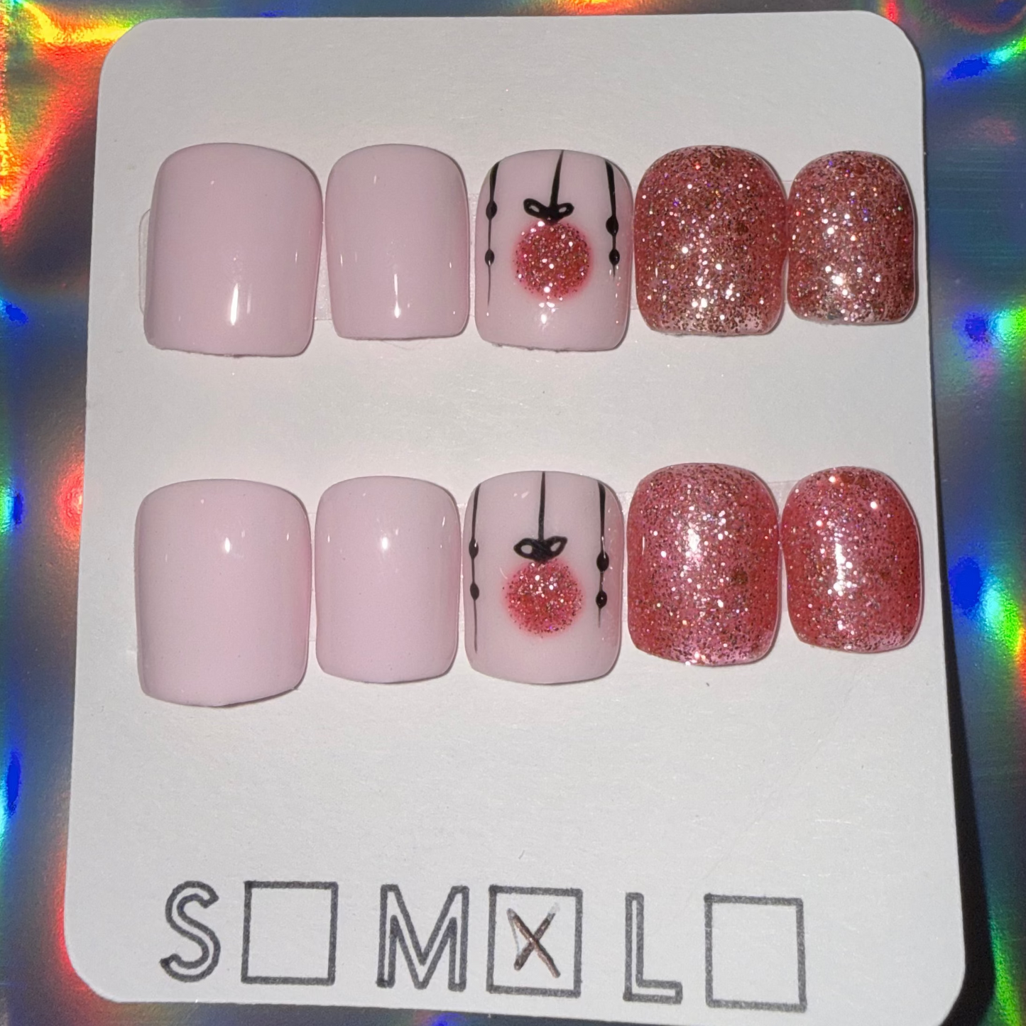 Pink Sparkle & Holiday Ornament Press-On Nails – Extra Short Square
