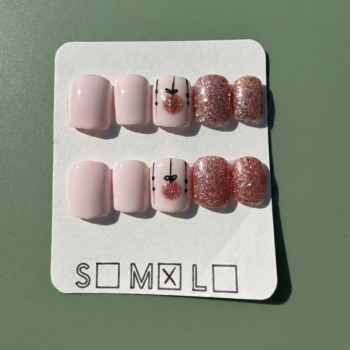 Pink Sparkle & Holiday Ornament Press-On Nails – Extra Short Square
