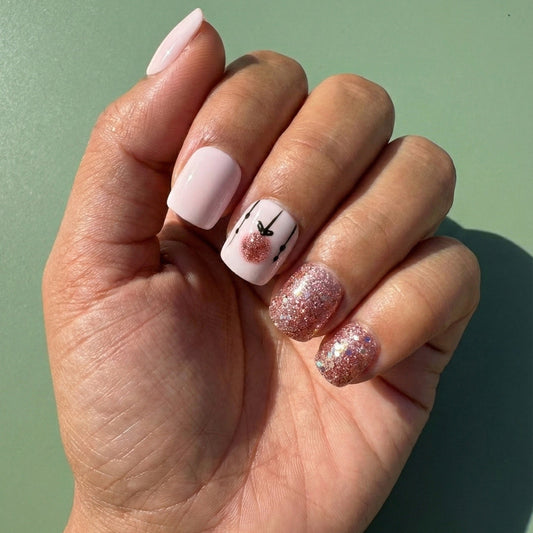 Pink Sparkle & Holiday Ornament Press-On Nails – Extra Short Square