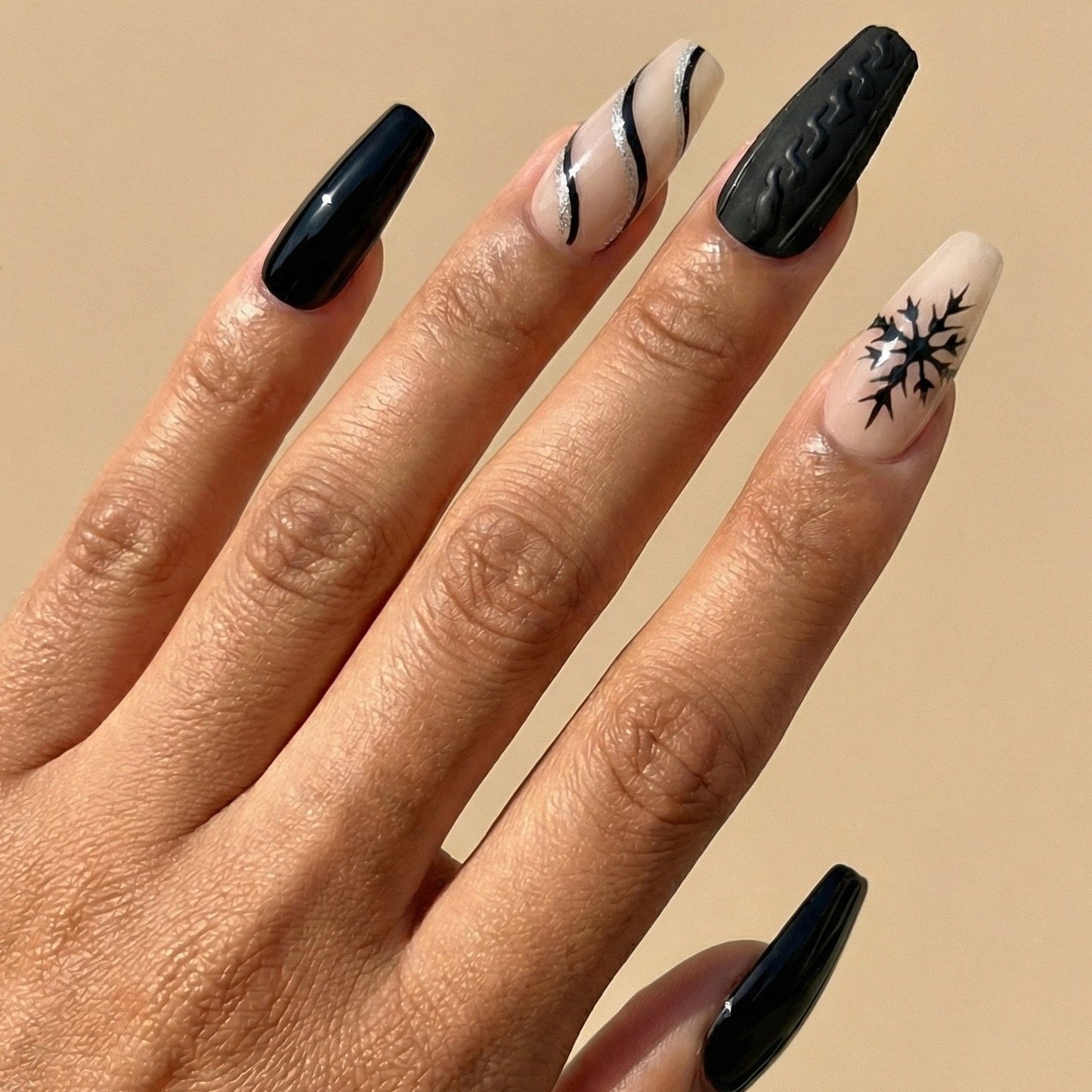 Black & Nude Sweater Weather Press-On Nails – Long Coffin
