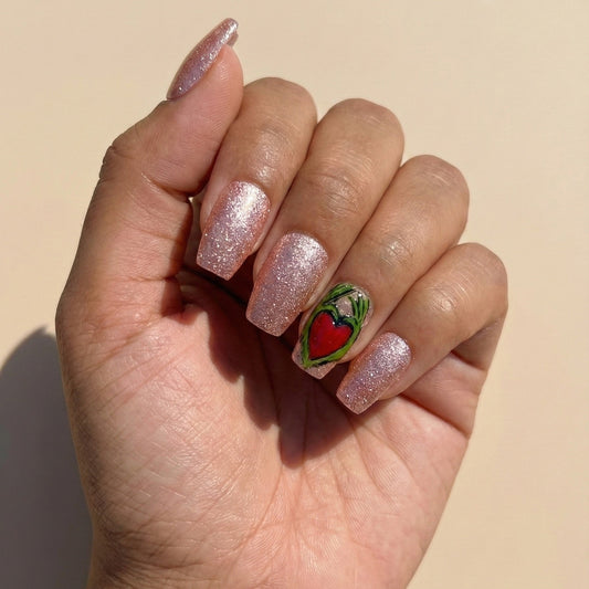 Rose Gold Glitter & Festive Heart Press-On Nails – Short Coffin
