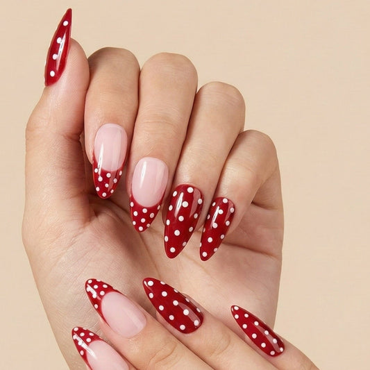 Classic Red & White Polka Dot French Tip Press-On Nails – Medium Stiletto