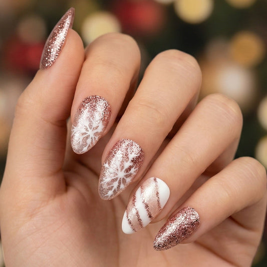Rose Gold Glitter & Snowflake Winter Press-On Nails – Short Almond