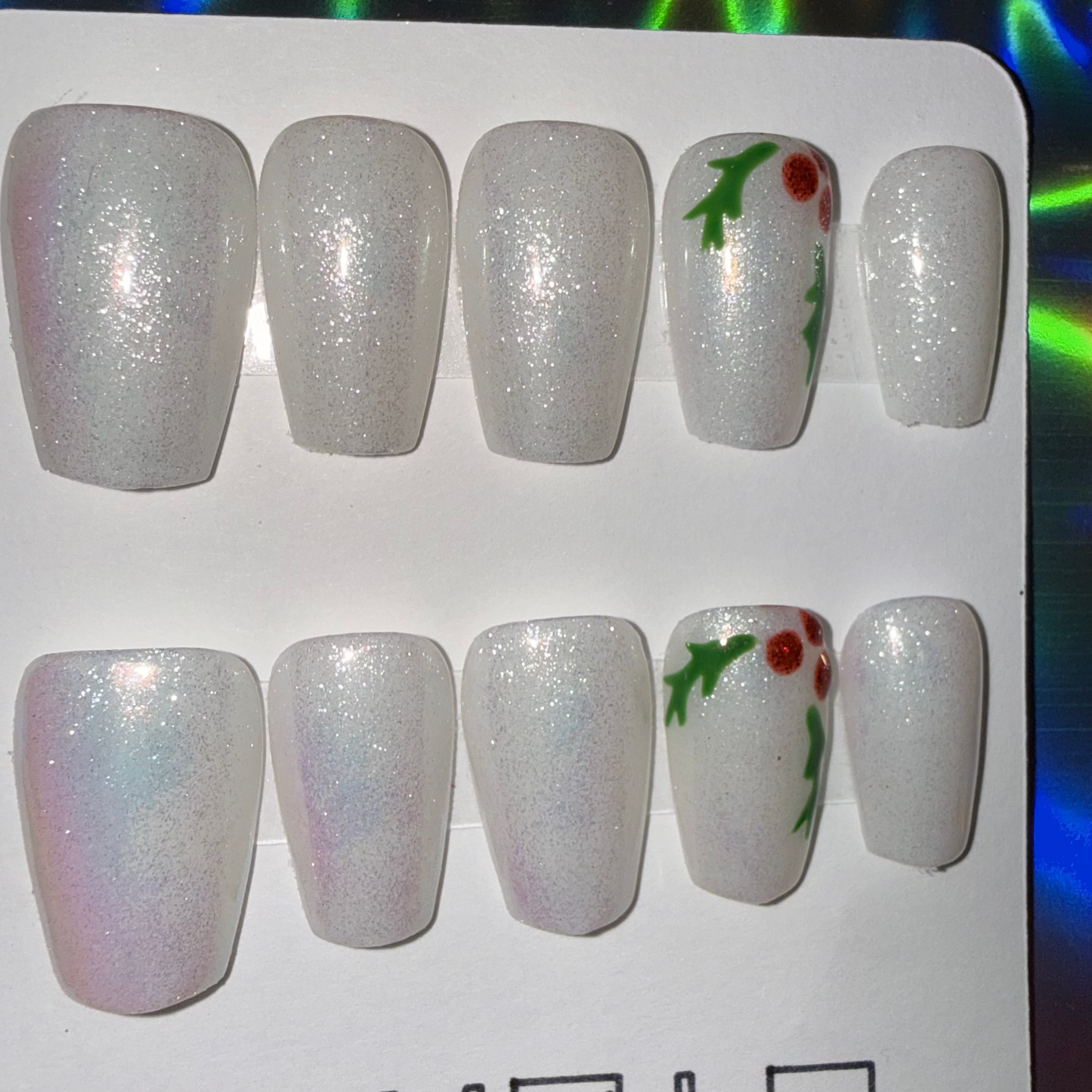 White Iridescent Shimmer & Festive Holly Press-On Nails – Short Coffin