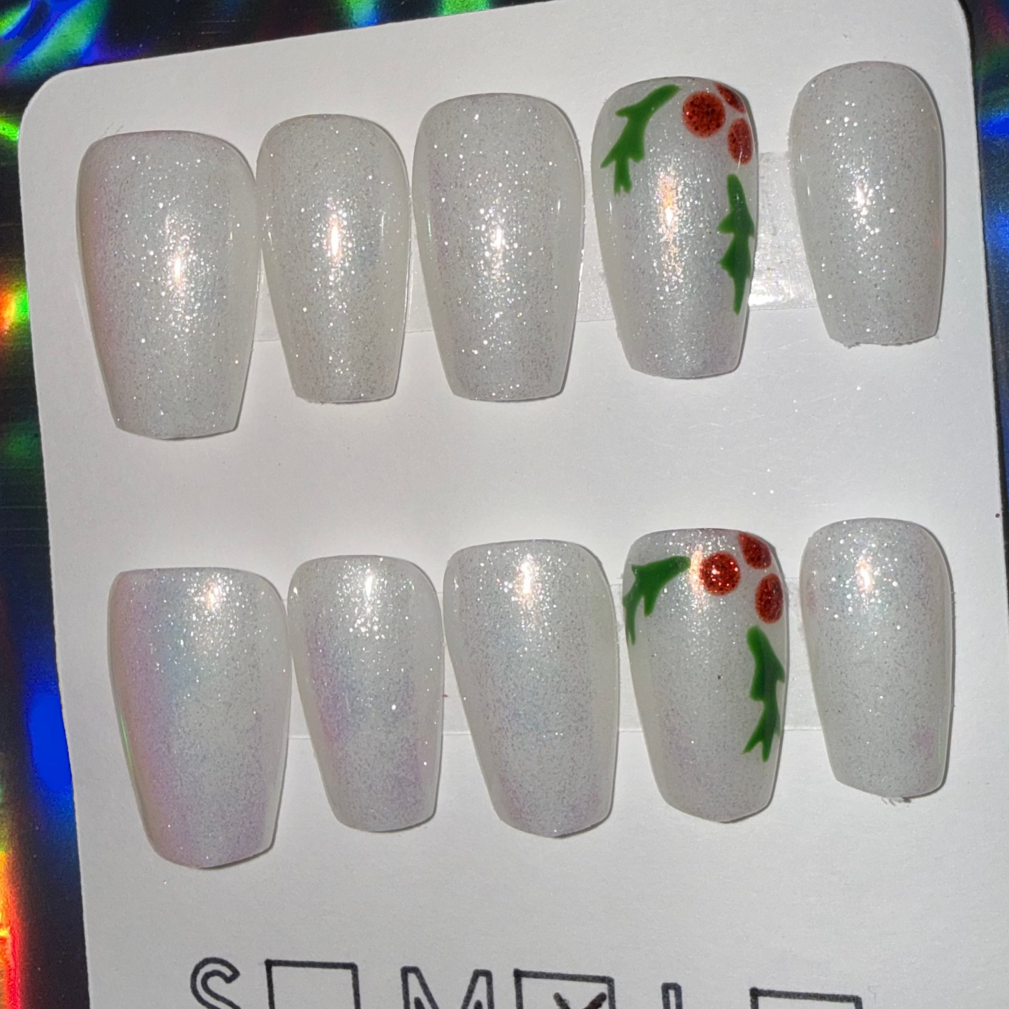 White Iridescent Shimmer & Festive Holly Press-On Nails – Short Coffin