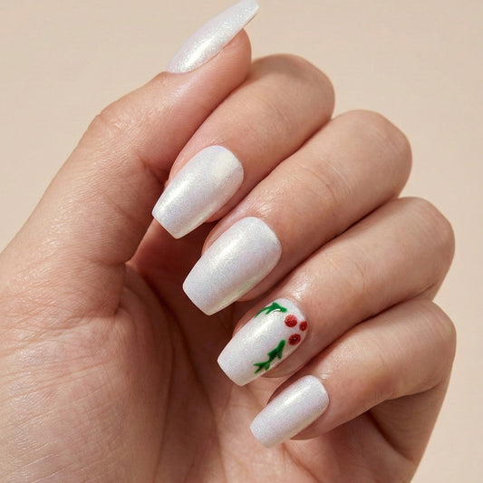 White Iridescent Shimmer & Festive Holly Press-On Nails – Short Coffin